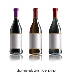 Red wine bottle. Set of white, rose, and red wine bottles. isolated on white background.