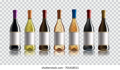 Red wine bottle. Set of white, rose, and red wine bottles. isolated on white background.