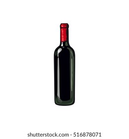 Red wine bottle, sketch style vector illustration isolated on white background. 