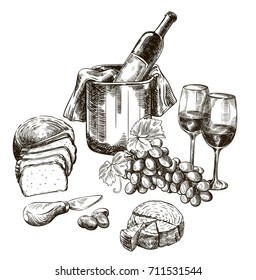 red wine bottle and snacks. set of vector sketches on white