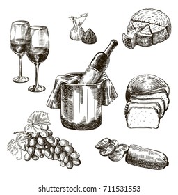 red wine bottle and snacks. set of vector sketches on white