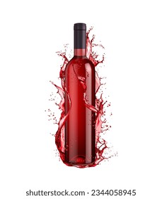 Red wine bottle and swirl splash. Isolated 3d vector realistic elegant deep-hued flask appears in mid-air with a swirl of rich, ruby liquid spirals gracefully around it, evokes indulgence and pleasure