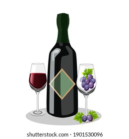 Red wine and wine bottle There are grapes in a clear glass placed on the side.Vector illustration isolated on white background.