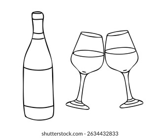 Red Wine Bottle and two clinking Glasses set. Hand drawn black and white Vector sketch, line art. Alcohol Drink in Doodle style. For Bar menu, logo, cards or poster design.