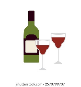 Red wine bottle, two filled glasses. Vine drink and wineglasses couple. Festive alcoholic beverage, alcohol in goblets, stemware for celebration. Flat vector illustration isolated on white background