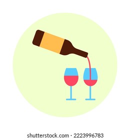 Botella de vino rojo y dos gafas círculo icono de línea plana aislado en fondo blanco. Dando catas de bebidas alcohólicas. Logo de la celebración del evento romántico de la fiesta de diseño mínimo ilustración vectorial.