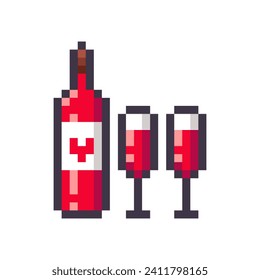 Red wine bottle and two glasses isolated on white background. Bottle with heart pixel icon. Romantic symbol. Vector illustration of Valentine's Day elements in 16 bit old style.