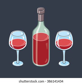 Red wine bottle and two glasses on a dark background.