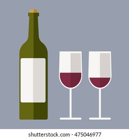 Red wine bottle and two glasses. Flat vector stock illustration.