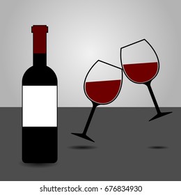 Red Wine Bottle and Two Glasses Clinking Vector - Cheers!