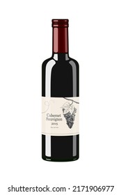 Red wine bottle with vintage style label, flat style vector illustration isolated on white background