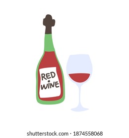 Red wine bottle and wineglass on white background. Cartoon sketch graphic design. Doodle style. Hand drawn image. Party drinks concept. Freehand drawing style. Vector.
