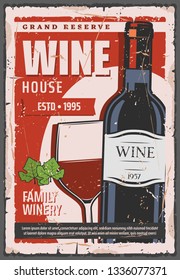 Red wine bottle, winehouse and retro winery industry. Vector winemaking and cellar, alcohol drink of grape juice. Exquisite aged beverage in glass and sealed container with cork, grand reserve