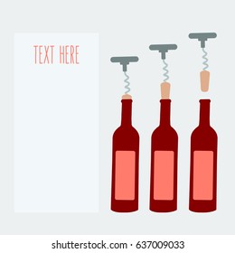 red wine bottle for winery festival flat design vector or holiday. opener isolated modern wine uncork & open bottle of wine. Three steps cartoon - open the wine bottle & space with text here