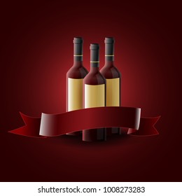 Red wine bottles with empty label: Three bottles of red wine with bow for text. Dark red background. Vector image
