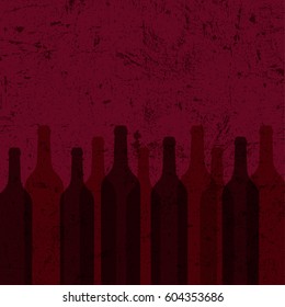 Red wine bottles grunge background pattern, vector