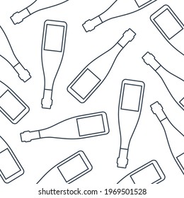 Red wine bottles seamless pattern. Line art style. Outline image. Randomly created repeat template. Party drinks concept. Illustration on white background. Flat design style for any purposes. Vector.
