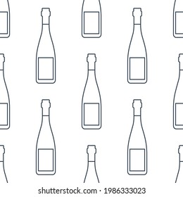 Red wine bottles seamless pattern. Line art style. Outline image. Black and white repeat template. Party drinks concept. Illustration on white background. Flat design style for any purposes. Vector.