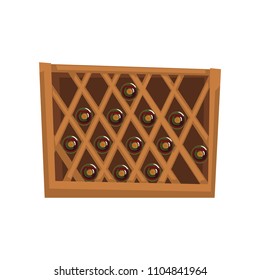 Red wine bottles stacked on wooden racks, winery production process vector Illustration on a white background