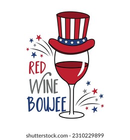 Red wine boujee - wine glass in american colored hat and with fireworks. 4th of July decoartion. Happy Independence Day!