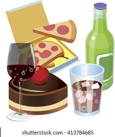 Red wine with cake and pizza in a vector image