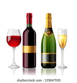 Rotwein und Champagner mit 2 Vollgläsern. EPS10