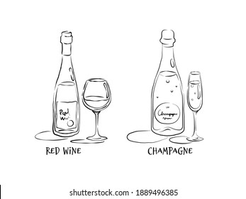 Red wine, champagne. Bottle and glass in hand drawn style. Restaurant illustration for celebration design. Retro sketch. Line art. Design element. Beverage outline icon. Isolated on white background.
