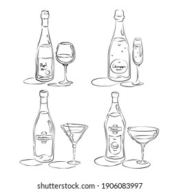 Red wine, champagne, martini, vermouth. Bottle and glass in hand drawn style. Restaurant illustration for celebration design. Retro sketch. Beverage outline icon. Isolated on white background. Vector.