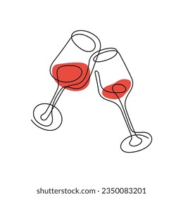 Red wine cheering glasses continuous line colourful vector illustration