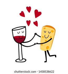 Red Wine And Cheese. Cartoon Cute Glass Of Wine In Loves Cheese Vector Illustration