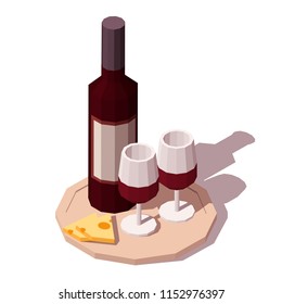 Red Wine with cheese on a tray. Icon for web. Low poly isometric vecror illustration.