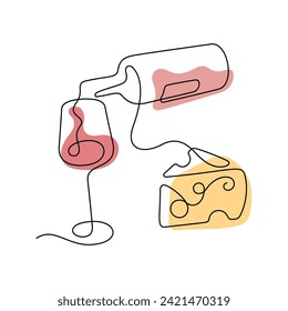 Red wine and cheese one line illustration