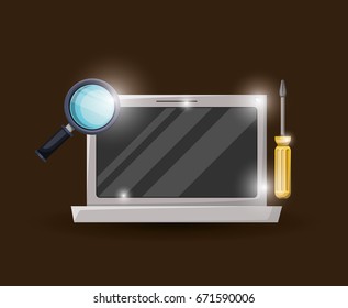 red wine color background with brightness of laptop and magnifying glass with screwdriver tool vector illustration