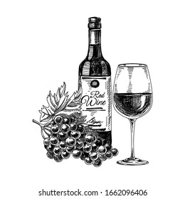 Red wine: composition with bottle, wineglass and bunch of grapes, hand drawn retro vector illustration. Template for bar menu design, vintage sketch on white background.