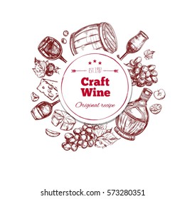 Red wine craft production concept with ingredients barrel bottle and glass in hand drawn style isolated vector illustration