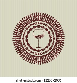 Red wine cup icon inside distressed with rubber seal texture
