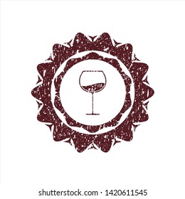 Red wine cup icon inside rubber seal with grunge texture