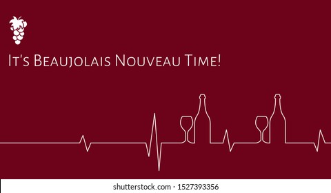 Red wine festival flyer, banner template. Vector pattern with wine glasses and bottles silhouette Heartbeat. Business card for beaujolais nouveau pub party. Text  Beaujolais nouveau. Wine, food ads