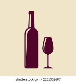 Ilustración plana de vino tinto. Botella de vino tinto estilizada y cristal de fondo beige. Mejor para logotipo, web, carteles, impresión, tarjetas, concepto de menú y diseño de marca.