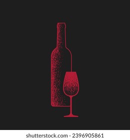 Red wine flat illustration. Textured wine bottle and glass on black background. Best for logo, posters, print, cards, menu concept and branding design.