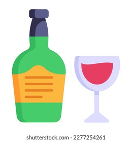 Vino rojo en un vaso con icono plano en una botella