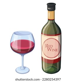 Vino rojo en vidrio y botella, zumo de uva alcohol bebe ilustración vectorial. Goblet de copas de vidrio de caricatura lleno de bebida natural de vid de la bodega, botella aislada con etiqueta de marca y líquido brillante