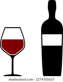 Red Wine Glass and Bottle Icon Set. Vector Image.