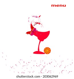 red wine glass with butterfly, lettering menu
