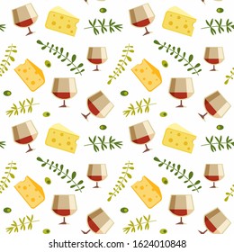 Red wine glass cheese flat vector seamless pattern. Alcoholic liquor decorative cartoon pattern. Restaurant food drinks menu, wine card background design template. Textile, paper print illustration
