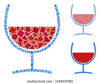 Red wine glass composition of uneven items in various sizes and color hues, based on red wine glass icon. Vector humpy parts are composed into composition.