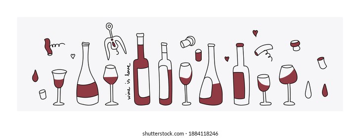 Red Wine, Glass, Corkscrew. Vector Doodle Style Design Elements. Wine Bottle Options. Simple Flat Design.