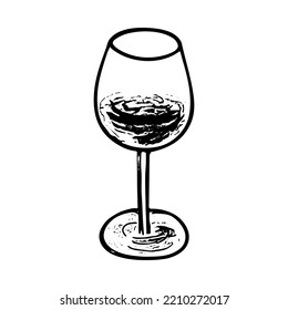 Red wine glass doodle hand drawn sketch, beverage goblet. Alcohol drink image. Isolated. Vector illustration.