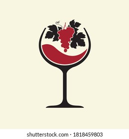 red wine glass emblem with bunch of grapes isolated