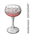 Red wine glass hand drawn isolated on white background. Vintage sketch of alcoholic drink in a tall stemmed glass. Cocktail for parties. Vector illustration